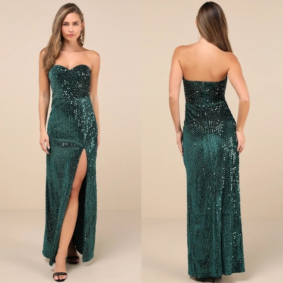 Lulus Memorable Sparkle Emerald Green Velvet Sequin Maxi Dress XS Wedding Party - Picture 1 of 10